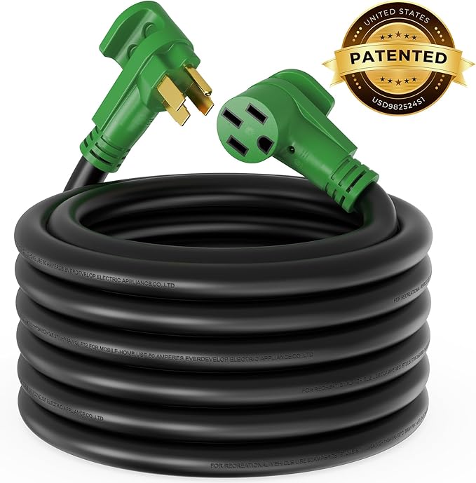 RVMATE 50 Amp 50 Feet RV/EV Extension Cord, Easy Plug in Handle, 14-50P to 14-50R with LED Indicator, ETL Listed, Come w/Storage Bag and Plastic Strap