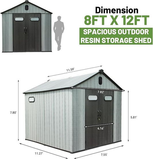 8X12FT Outdoor Resin Storage Shed Waterproof, Waterproof Plastic Garden Shed with Lockable Door, Windows & Vents, Outside Tool Storage Shed for Patio Furniture, Lawn Mower