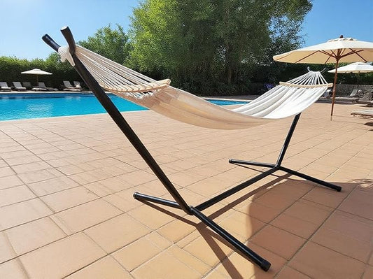 GOCAN Double Hammock 2 Person Large 220x150cm with Steel Stand and Removable Spreader bar Load 500lb, Canvas Cotton Hammocks for Patio Porch Garden Backyard Outdoor and Indoor