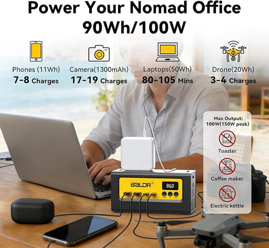 BALDR Portable Power Station 28000mAh, 90Wh LiFePO4 Battery Backup Camping Solar Generator Fast Charging with AC Outlet 150W Peak Power Bank for Home Backup Outdoor Emergency