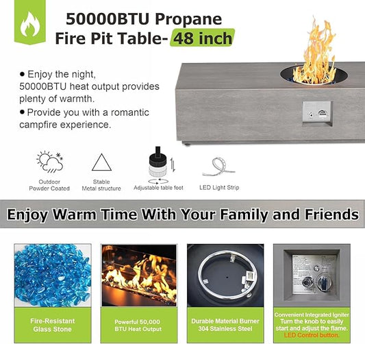48 inch Propane Fire Pit Table LED, 2 in 1 Rectangular Outdoor Fire Pit with 20lb Tank Cover, Outside Patio Deck and Garden, Gas Fireplace Table with Lid and Stone, 50,000 BTU Adjustable Flame