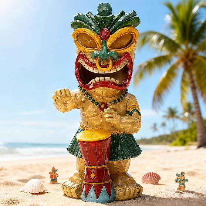 halp·ssfm Solar Tiki Garden Statue with LED Eyes Outdoor Polynesian Drummer Hawaiian Party Decor Solar Light Ornament for Patio Porch Lawn Tiki Bar or Tiki Lover Funny Stocking Stuffers Gifts