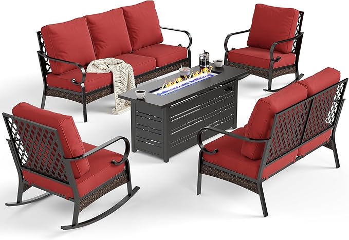 5 Piece Black Metal Outdoor Patio Furniture Sets with Firepit Table, Patio Conversation Sets 1 3-Seater Sofa, 2-Seater Sofa, 2 Rocking Sofa with 5.75" Cushion for Backyard Deck, Red