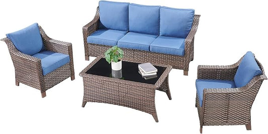 4 Piece Patio Furniture Set-Outdoor Rattan Wicker Sofa with Patio Chairs Outdoor Furniture for Porch Garden Backyard Poolside-Brown/Blue