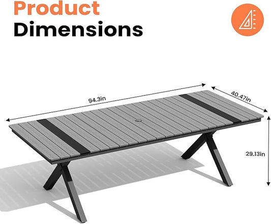 Pellebant 94" Outdoor Dining Table for 6-8, Aluminum Patio Dining Table with Umbrella Hole, Waterproof Wood-Like Tabletop for Lawn Garden Backyard, Grey