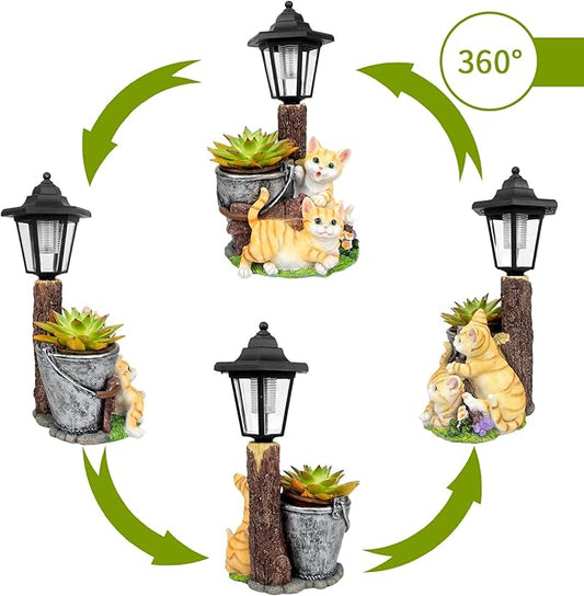 YEPOTUE Solar Cat Outdoor Statues, Garden Sculptures with Flowerpot Decor & Solar Lantern for Yard Art Lawn Ornaments Porch Patio Balcony - Idea Gifts for Women Mom Grandma