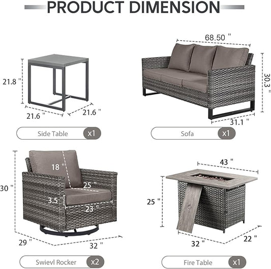 5 Piece Wicker Patio Furniture with Fire Pit Table - Outdoor Conversation Set with 50,000 BTU Fire Pit, All Weather Rattan Patio Set for Deck Backyard Garden - Grey Wicker Grey Cushion