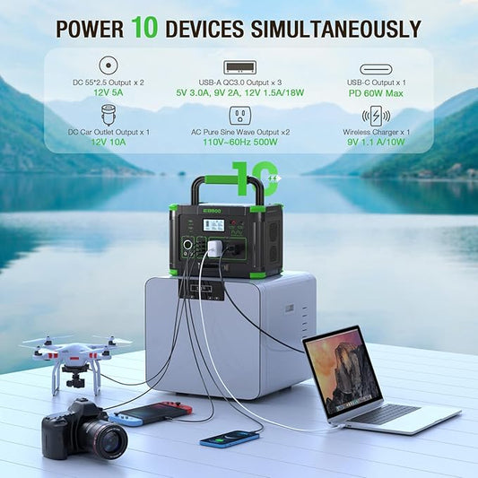 500W Portable Power Station (1000W Peak), 2x 110V AC Outlets & 60W USB-C PD, 10-Output Portable Power Bank with Wireless Charger for Camping, RV Travel, and Home Emergency Power Backup Off-Grid Living