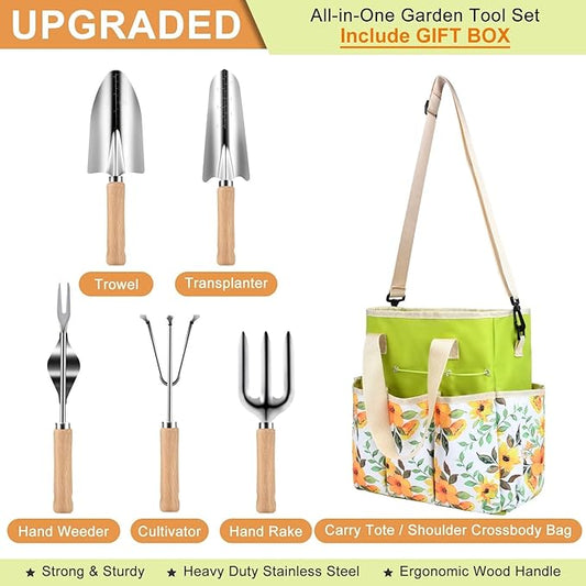 Gardening Tools Set, Gardening Gifts for Men Fathers Day, Heavy Duty Garden Hand Tools with Crossbody Garden Tote Bag, Rust-Proof Garden Tools for Yard Work Planting