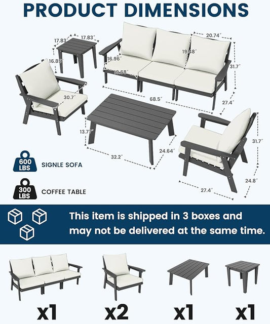 FOOWIN 7-Piece Patio Furniture Set, HDPE All-Weather Outdoor Conversation Set with Thick Cushions, Sectional Patio Sofa Furniture for Deck, Porch, Lawn, Garden, Grey Frame & White Cushion