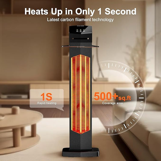 AKIRES 37IN Outdoor Electric Patio Heater,Portable Infrared Heaters With Remote,IP54 Waterproof Tower Space Heater,12H Timer,Large Room Heater for Garage Backyard Porch Balcony Shop Patio,Black