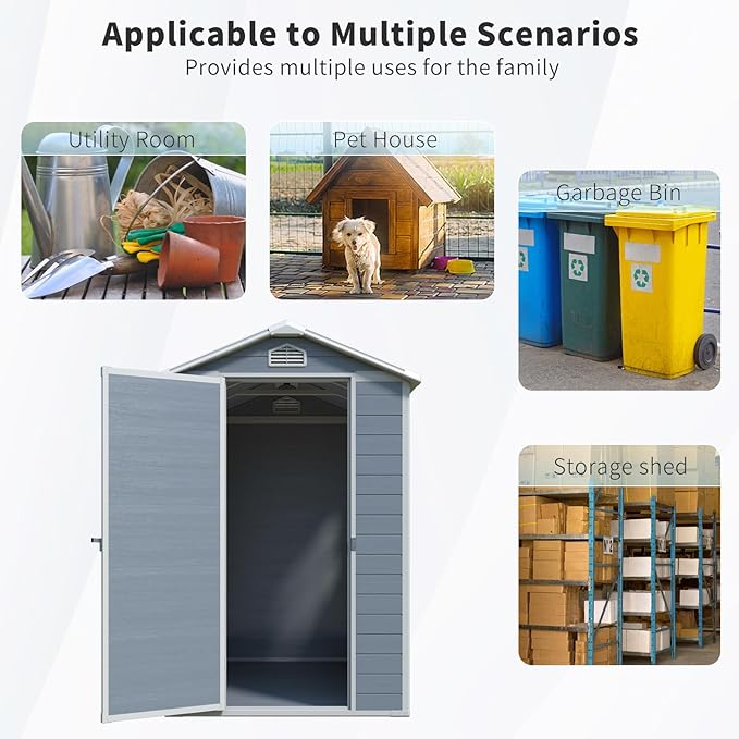 Resin Storage Shed 4x6 ft Outdoor Storage Shed with Floor and Window, Lockable Door Plastic Tool Sheds with Vents, Waterproof Sheds for Garden, Patio, Backyard, Yard, Lawn, Grey