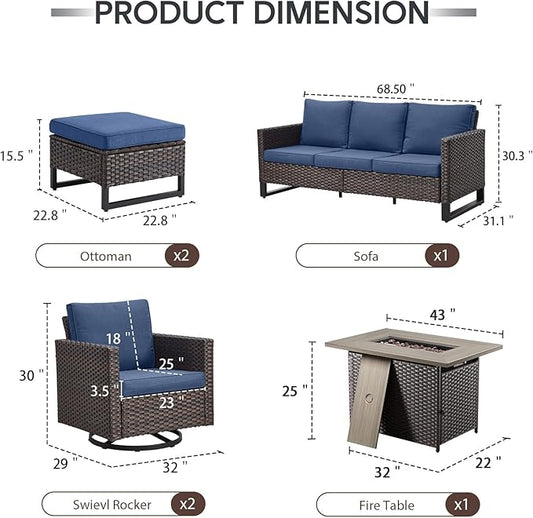 6 Piece Wicker Patio Furniture with Fire Pit Table - Outdoor Conversation Set with 50,000 BTU Fire Pit, All Weather Rattan Patio Set for Deck Backyard Garden - Brown Wicker Blue Cushion