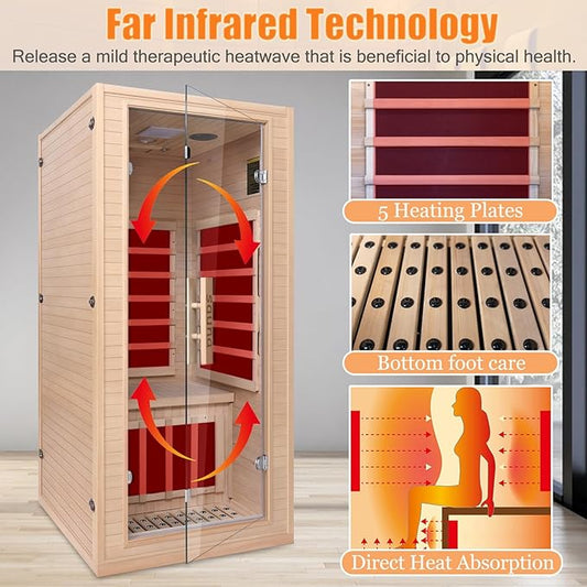 Homsido Infrared Home Sauna Room 1 Person Hemlock Wooden Indoor Dry Sauna,Low EMF 1200W/110V Heaters Panels,LCD Control Panel,10 Minutes Pre-Warm up,Time and Temp Pre-Set,1-Year Aftersale