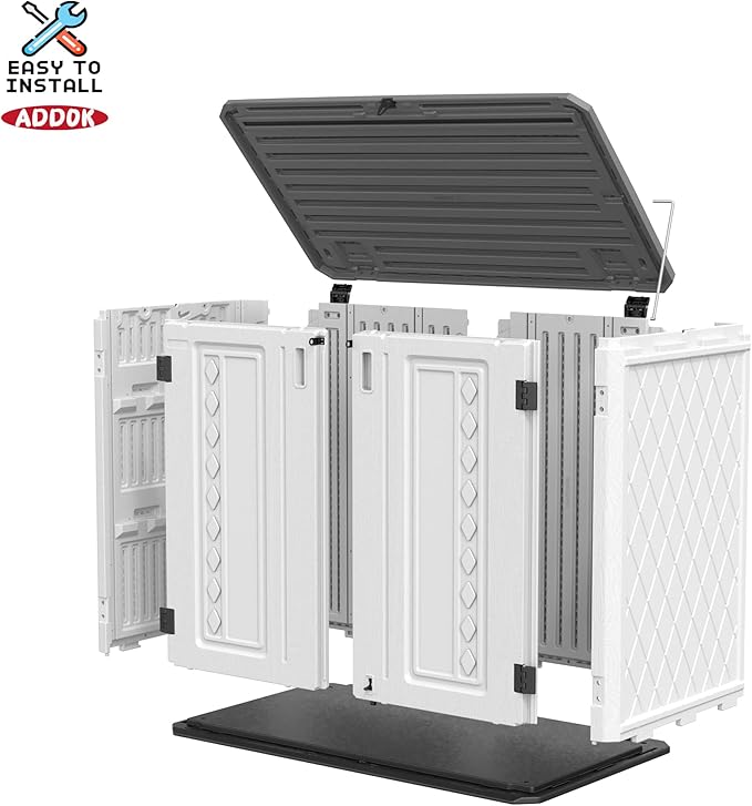 ADDOK Horizontal Storage Shed Outdoor with Floor, 27 Cu Ft Capacity Plastic Storage Shed with Lockable Double Doors, All-Weather Condition Use for Patio, Backyard, Lawn and Garden, White