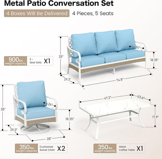 4 Piece Metal Outdoor Patio Furniture Set, Patio Conversation Sets with 3-Seater Sofa, 2 Swivel Chairs and Coffee Table, White Frame Outdoor Seating Furniture for Bavkyard, Blue