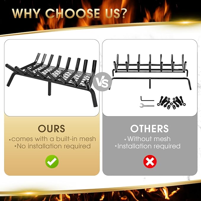 G GOOD GAIN Fireplace Grate with Ember Retainer, 30in Heavy Duty Steel Indoor, Chimney Hearth Wood Stove Burning Rack Holder,1/2 Bar Fire Place Asseccories for Outdoor, Fire Pits, Camping.