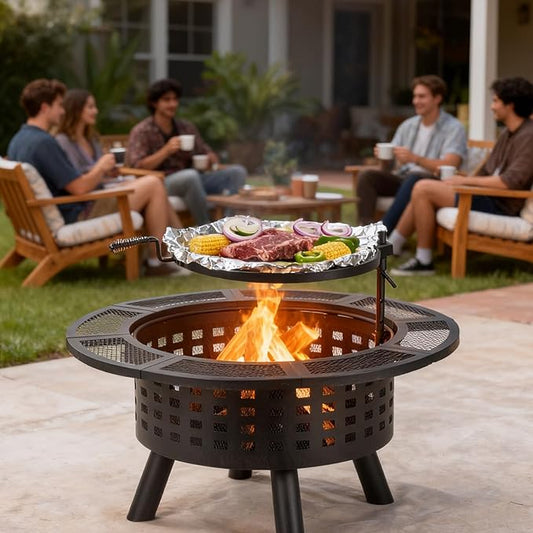 36 inch Outdoor Fire Pit with Grill,Wood Burning Firepits for Outside with Lid & Fire Poker,Metal 3-in-1 Fire Pit Table with Cooking Grate,Outdoor Fireplaces for Bonfire,Yard,BBQ(Jet Black)