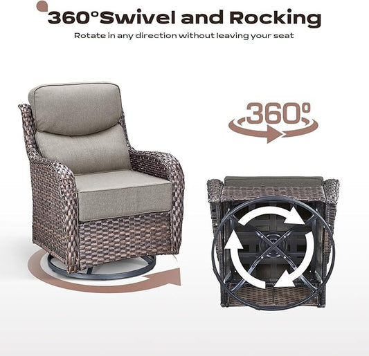 Rilyson Wicker Outdoor Patio Furniture Set - 7 Piece Patio Conversation Sets with Swivel Rocker Chairs, Ottomans and Sofa, 6 inch Cushions, Waterproof Wicker, for Porch Deck Brown/Beige