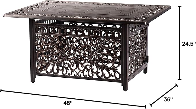 Aluminum 57,0000 BTU 48 in. Rectangular Propane Black Fire Pit Table with Fire Beads, Lid, Propane Tank Cover and Table Fabric Covers in Copper