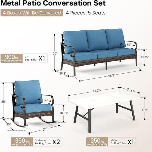 4 PCS Metal Outdoor Patio Furniture Set, Patio Conversation Sets 1 3-Seater Sofa, 2 Rocking Chairs with 5.75" Extra Thick Cushion & Coffee Table, Black Backyard Furniture, Denim Blue