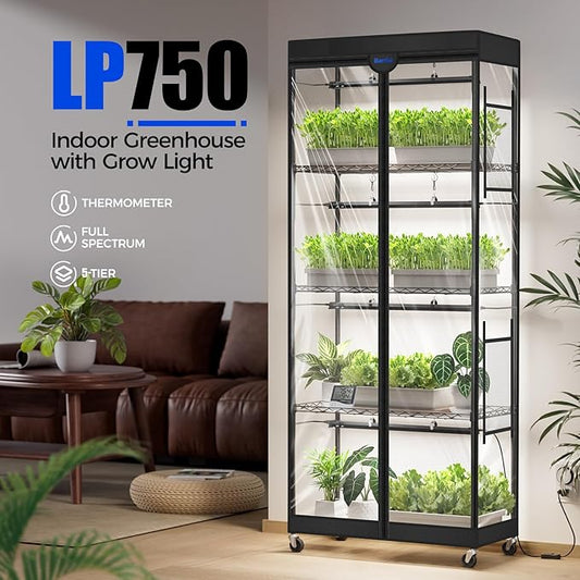 Barrina LP750 Indoor Greenhouse with Grow Light, 5-Tier Plant Stand with Light 140W TX-S35 2FT, 5000K Full Spectrum Plant Shelf with Tent, Timer & Thermometer for Seed Tray Growth 29.5 x 13.8 x 70.9IN