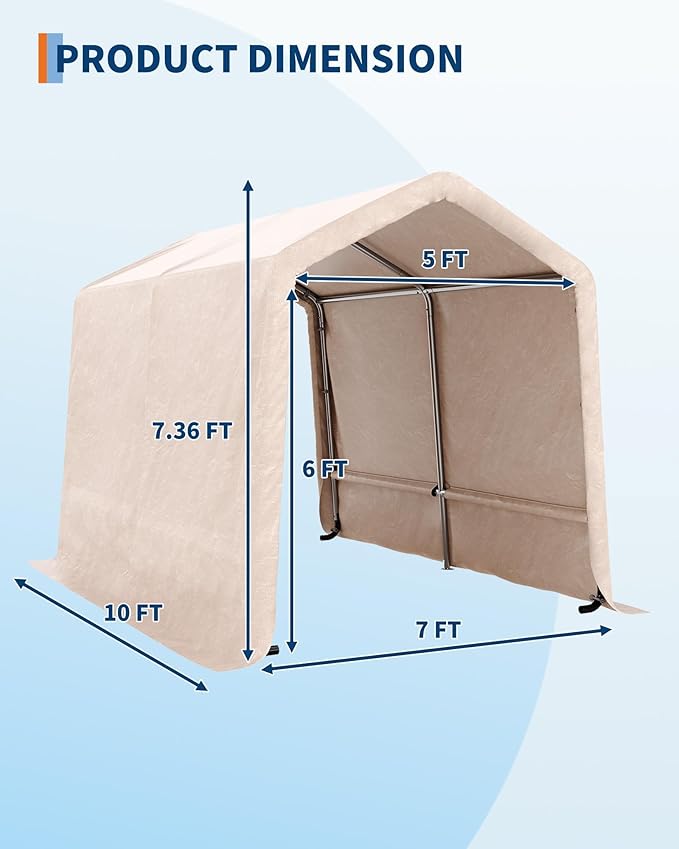 7X10 FT Heavy-Duty Portable Outdoor Storage Shed with Roll-Up Zipper Door & Vent, 240g Waterproof Carport Storage Shelter, UV-Resistant Canopy for Motorcycle, Firewood, Tools -Gray 