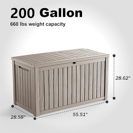 EasyUp 200 Gallon Outdoor Storage Box Waterproof, Lockable Resin Deck Box UV Resistant with Hydraulic Rod, Reinforced Stability for Patio, Garden, and Pool, Striped Gray