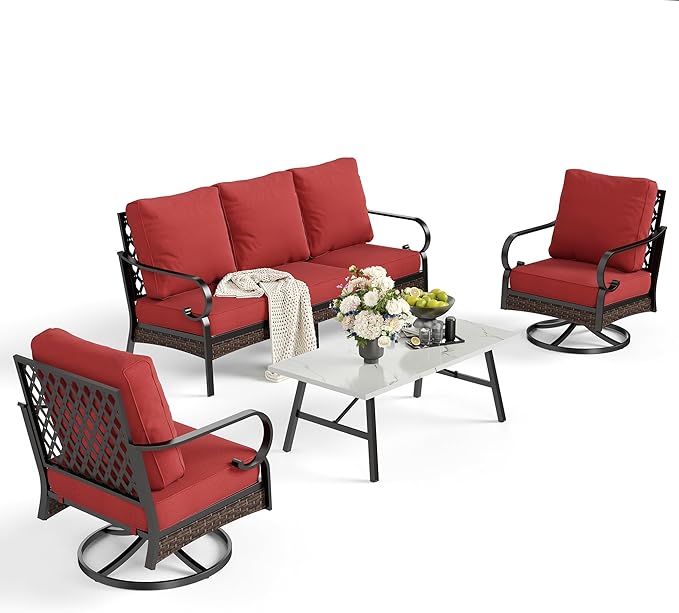 4 PCS Metal Outdoor Patio Furniture Set, Patio Conversation Sets 3-Seater Sofa, 2 Swivel Chairs with 5.75" Extra Thick Cushion & Coffee Table, Black Frame Backyard Furniture, Rust Red