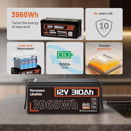 48V 310Ah (4 Pack 12V 310Ah) LiFePO4 Lithium Battery – Max. 3968Wh, 15000+ Deep Cycle Battery with 100A BMS, Low-Temp Cutoff | A+ Grade Cells for Marine, Trolling Motor, Off-Grid Home Energy Storage