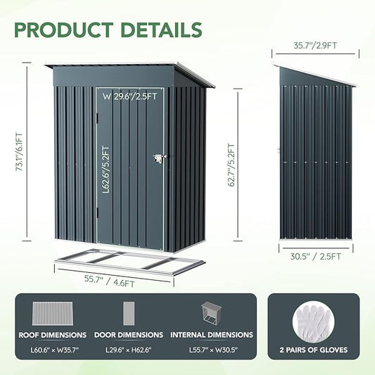 Breezz 5x3FT Vertical Outdoor Steel Storage Shed with Floor Frame, Lockable Doors, Compact Metal Tool Shed for Garden, Backyard, Patio, Utility, and Bike Storage