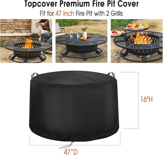 Fire Pit Cover Round,600D Waterproof Outdoor Extra Large Firepits Cover For 47 Inch Fire Pit with 2 Grills,Wood Burning Round Fireplace Cover - 47"D x 16"H