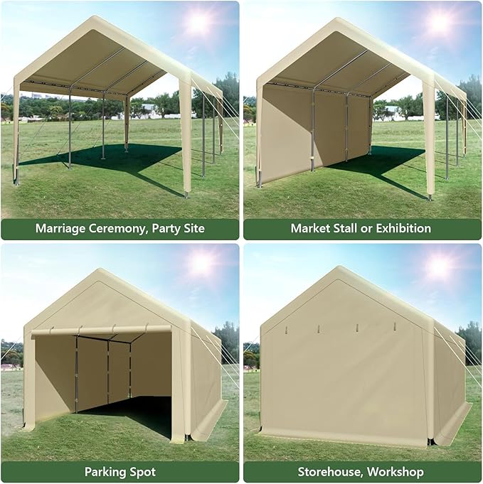 Carport Canopy 10x20 Heavy Duty, Portable Carport Garage with Removable Sidewalls and Door, Car Port with Waterproof Canopy for All Season (Beige)