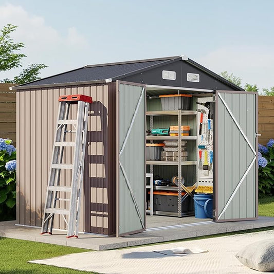 8x6 FT Outdoor Storage Shed & Lockable Double Doors, Heavy-Duty Galvanized Steel Outdoor Metal Shed for Bike, Tool, Generator Storage in Backyard, Patio (8’x6’)