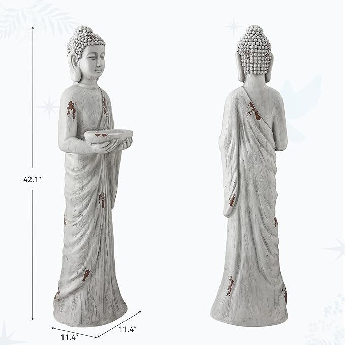 Ultym 42" Extra-Large Buddha Outdoor Statue with Birdfeeder, Tall Zen Medtative Buddha Figures, Durable Weatherproof MGO Sculpture for Garden, Patio, Yard, Porch or Indoor Home Decor