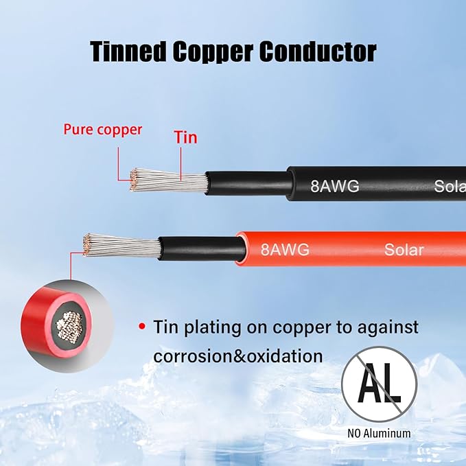 8 AWG Solar Cable 20FT Red + 20FT Black Tinned Copper Wire, 8 Gauge Solar Panel Wire for RV, Automotive, Trailer, Marine, Outdoors