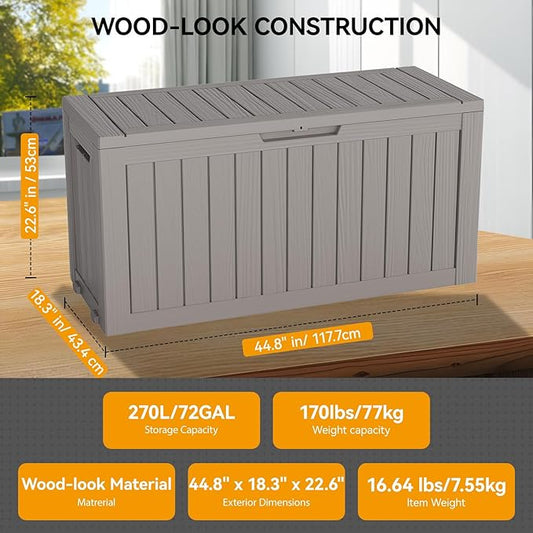 Outdoor Storage Box, Resin Deck Boxes Outdoor Waterproof For Patio Furniture, Garden Tools, Pool Supplies, Durable And UV Resistant, Lockable (72 Gallon, Grey)