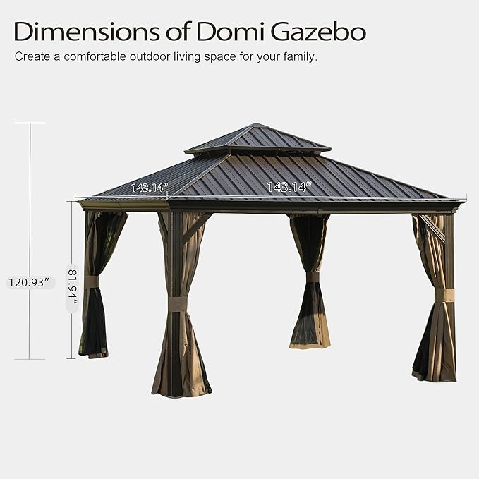 Domi 12x12FT Outdoor Gazebo, Hardtop Gazebo with Galvanized Steel Double Roof, Metal Gazebos with Drainage System Patio Pergola for Patio Deck Backyard,Curtain and Netting,Brown