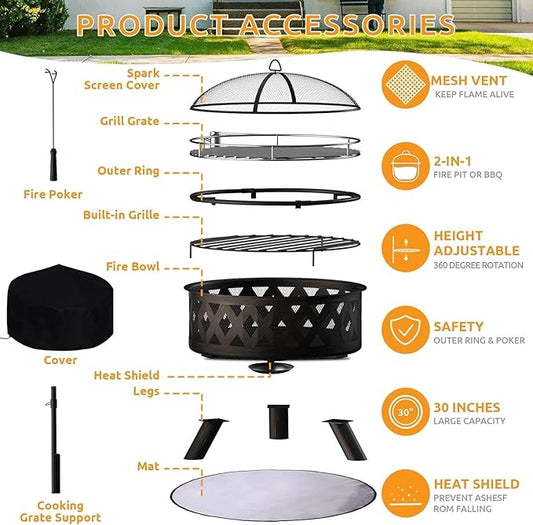 Amopatio Outdoor Fire Pit with Mat & Cover, 30 Inch Large Wood Burning Fire Pits, Patio Backyard Firepit with Steel BBQ Grill Cooking Grate, Spark Screen & Poker for Garden, Bonfire, Camping, Picnic