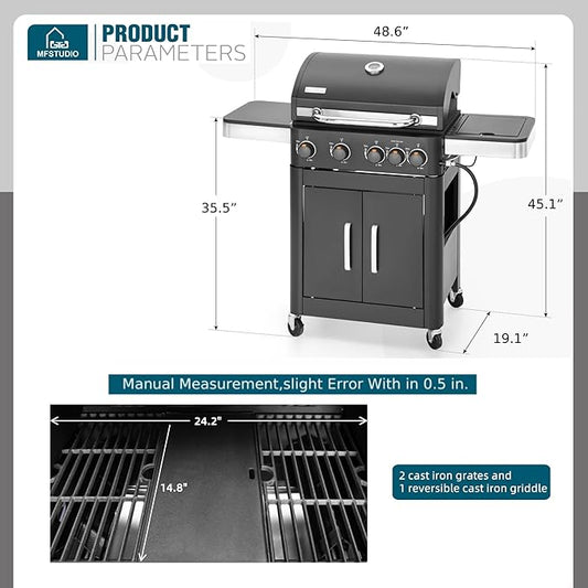 MFSTUDIO Propane Grills with Side Burner, BBQ Grill Griddle Combo for Outdoor Cooking and Patio Backyard Barbecue, with Porcelain-Enameled Cast Iron Grates, Black