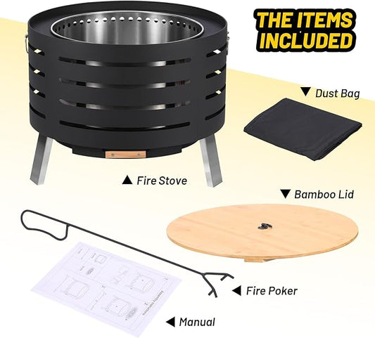 26 Inch Smokeless Fire Pit with Removable Ash Pan, Includes Fire Poker, Waterproof Cover, and Carrying Bag, Wood Burning Outdoor Fire Pits Table for Patio, BBQ, Camping, and Bonfire Nights