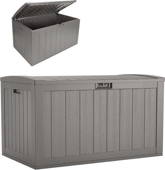 Suncast 134-Gal. Waterproof Resin Extra-Large Outdoor Patio Deck Box with Pad-Lockable Lid, Modern Outdoor Patio Bench/Storage Box for Cushions, Garden Tools, and More, Dove Gray