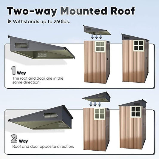 Quictent 5X3 FT Heavy Duty Outdoor Metal Storage Shed,Lockable Garden Shed with Rotating Roof, Waterproof Shed for Bike Storage, Tool Storage, Temporary Storage,Brown(5.5X2.8 FT Base, No Floor)