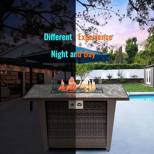 42'' Propane Fire Pit Table, Marble Tile Ceramic Tabletop with Glass Wind Guard, 50,000 BTU Fire Table with Inclined Leg and Art Powder Design, Blue Glass Rocks, Including Lid&Cover, Brown
