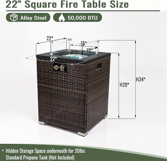 Outdoor Propane Fire Pit Table for Outside Patio, 21 Inch Wicker Fire Pit Table with Wind Guard, Column Gas Fire Pit for Garden, Pool, Backyard, 40,000 BTU, Tank Inside, Dark Brown