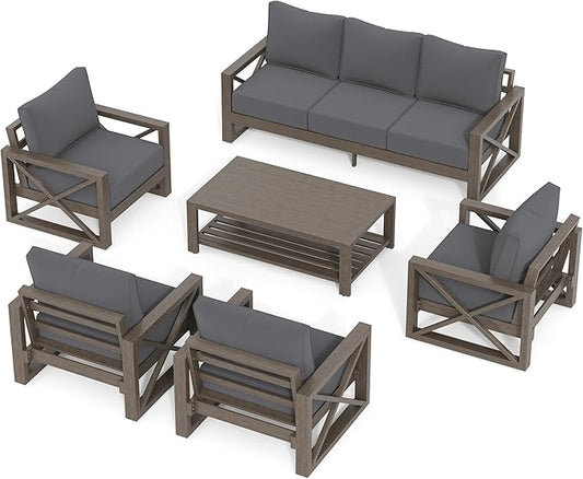 UDPATIO 6 Piece Aluminum Patio Furniture Set 7 Seats Modern Outdoor Furniture Faux Wood Grain Patio Conversation Sets with Olefin Fabric Thick Cushions, 600D Waterproof Cover Included, Dark Grey