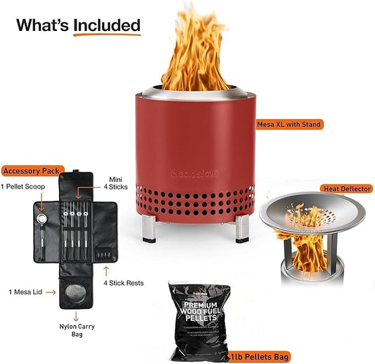 Solo Stove Mesa XL Mulberry Bundle | Tabletop Fire Pit with Stand, Heat Deflector, Accessory Pack & 1lb Wood Pellets | Portable Smokeless Outdoor Firepit for Patio, Camping & Backyard