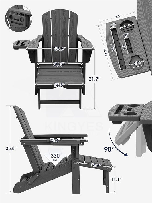 KINGYES Adjustable Folding Adirondack Chair with Footrest & 4-in-1 Multi-Functional Armrest Organizer Set of 4, HDPE Foldable Reclining Adirondack Chair with Pull-Out Ottoman, Grey