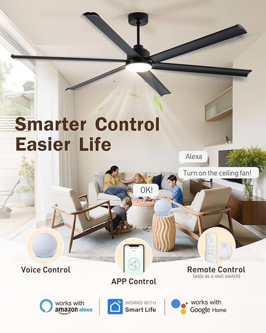 84" Smart Alexa Industrial Ceiling Fans with Light,6 Dual-Layer Aluminum Blades,Large Black Ceiling Fan with 6 Speed Noiseless DC Motor,Indoor/Outdoor Ceiling Fan for Patio