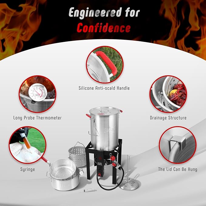 30 Qt Turkey Fryer with Basket & 10QT Fish Fryer Kit, 50,000 BTU Outdoor Propane Burner, CSA Certified, Auto Ignition, 10 PSI Regulator & Hose, for Thanksgiving Day Gathering